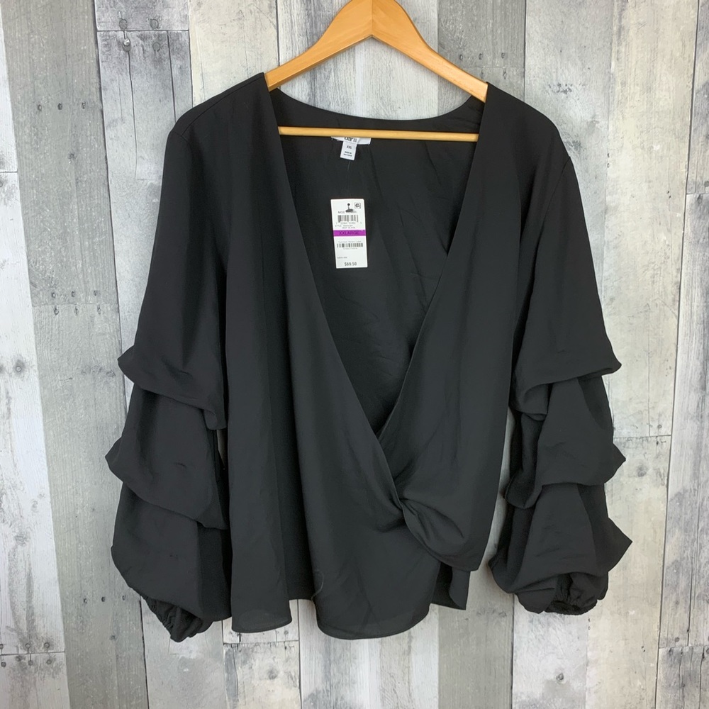 Bar III Black Tiered Sleeve Faux Wrap Top